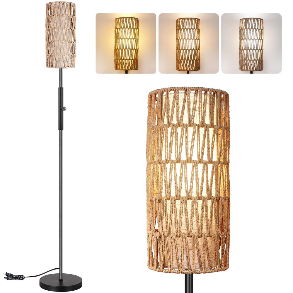 Boho Floor Lamp with Rattan and Linen Shades — Natural