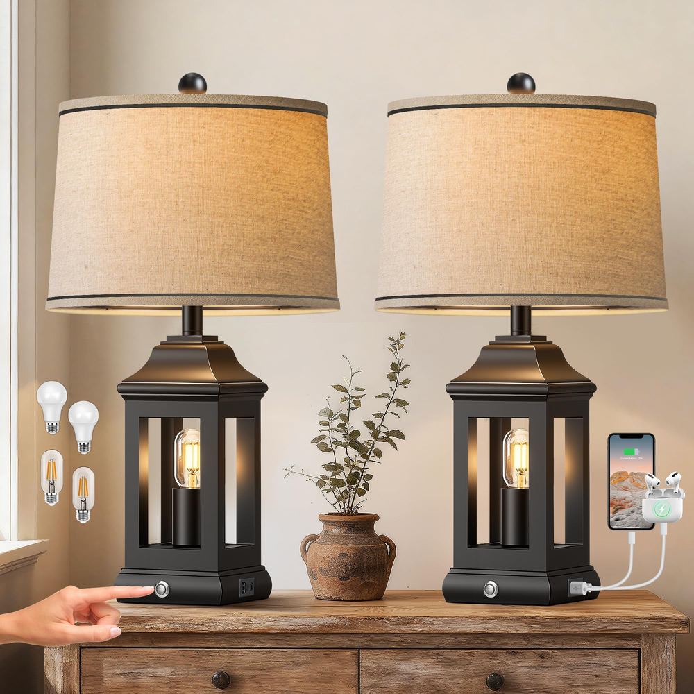 PARTPHONER farmhouse table lamp pair with night light and USB ports