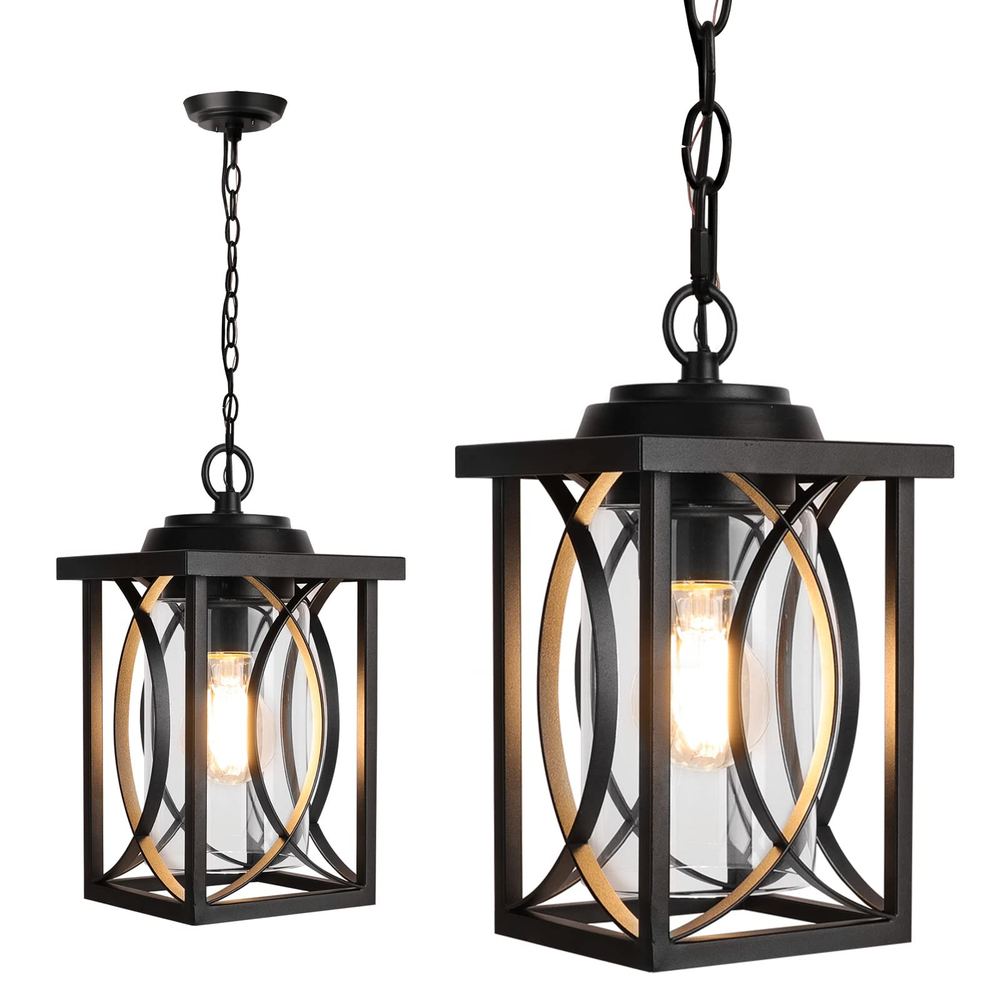 Outdoor Hanging Lantern with Clear Glass and 47″ Chain — Black
