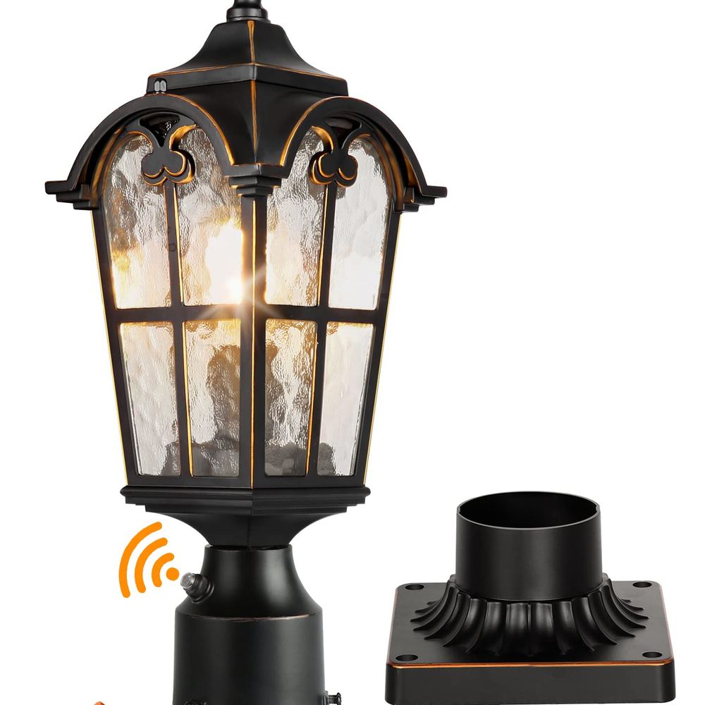 Roman Post Lantern with Dusk-to-Dawn Sensor and Pier Mount — Black