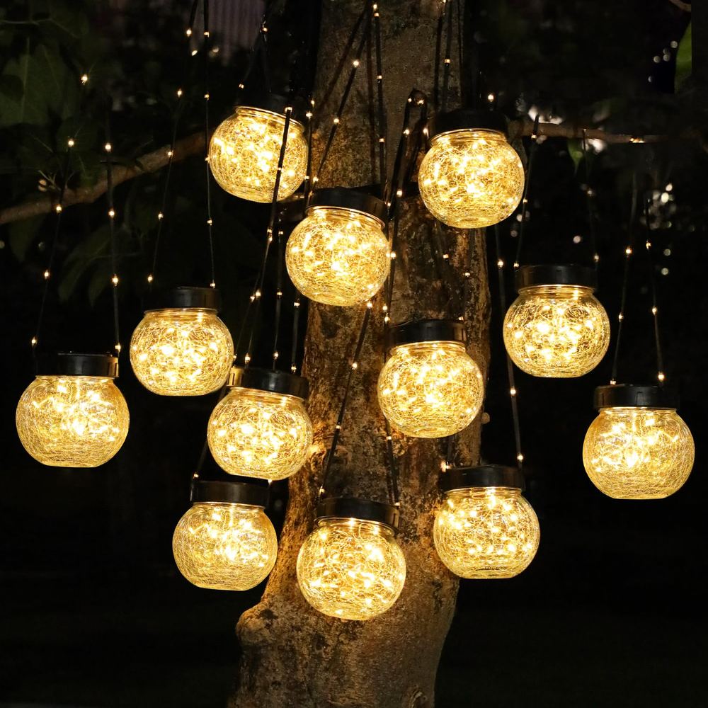 Solar Hanging Lanterns, 12-Pack — Cracked Glass, Warm White