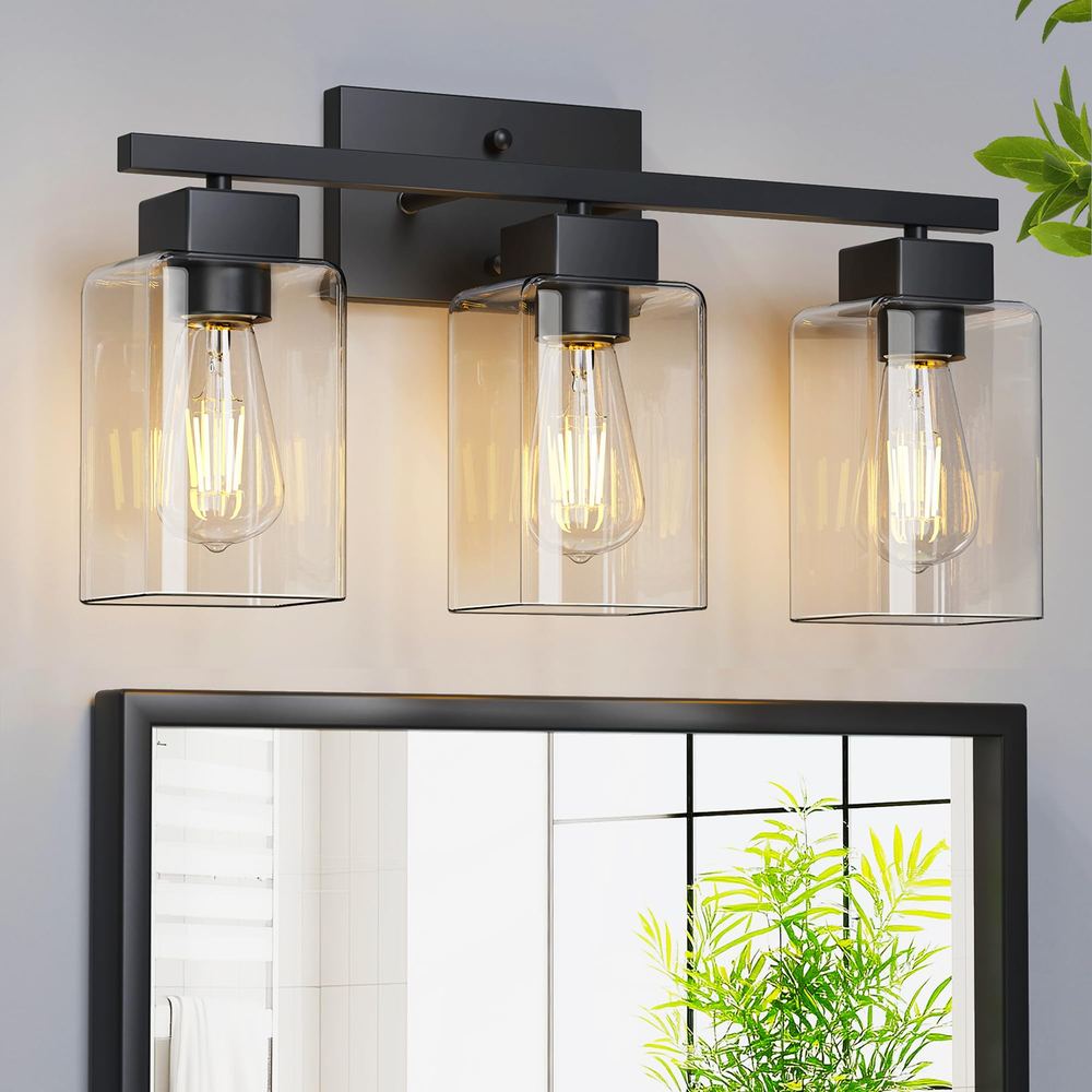 Three-Light Bathroom Vanity Fixture — Matte Black with Clear Glass