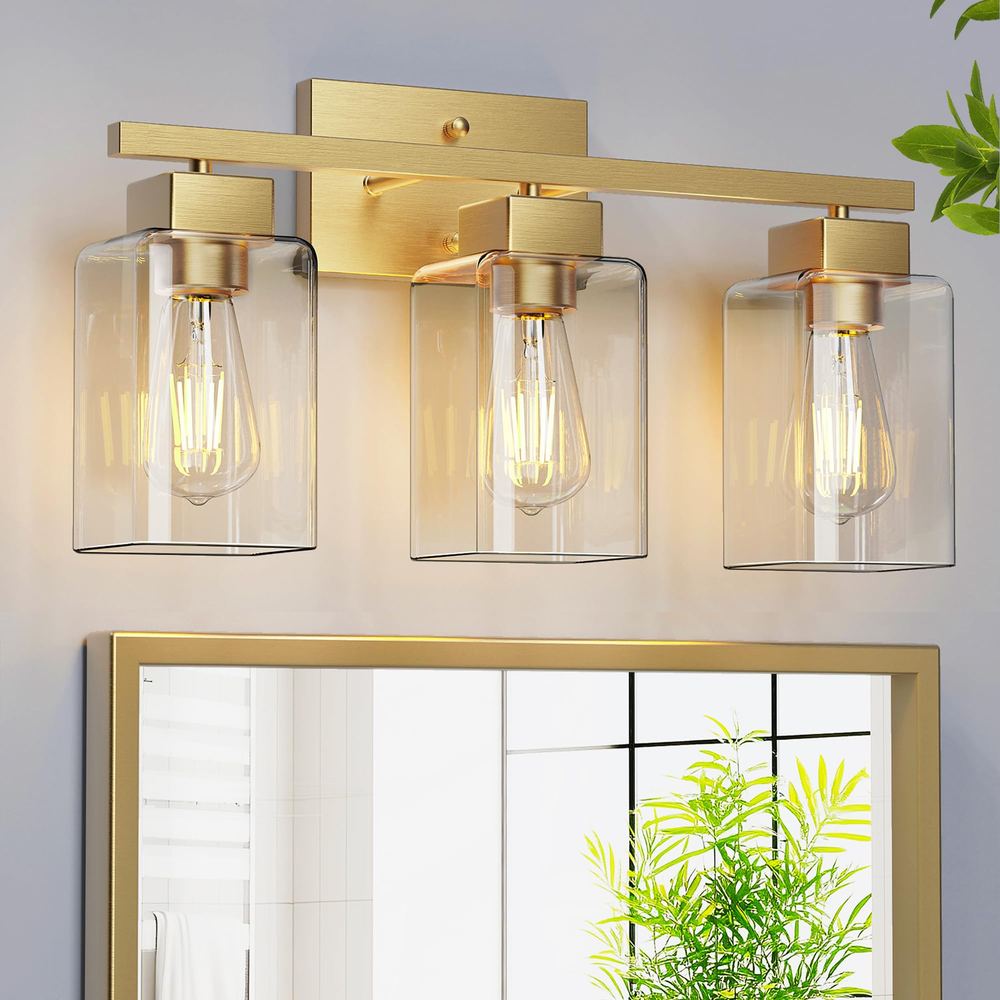 Three-Light Bathroom Vanity Fixture — Brushed Gold with Clear Glass