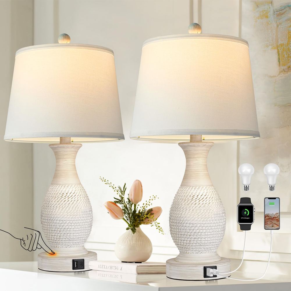 Bedside Touch Table Lamp, Set of 2 — Distressed White